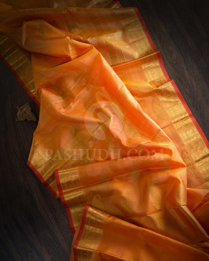 Orange Dual Textured Organza And Dupion Kanjivaram Silk Saree-S1667(A)