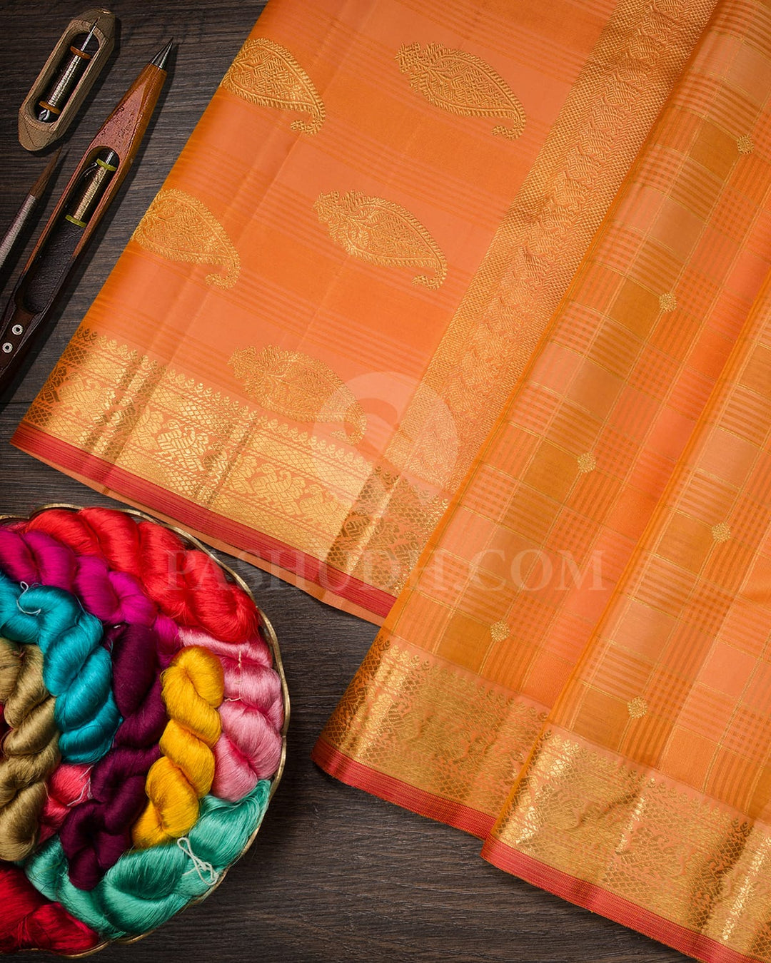 Orange Dual Textured Organza And Dupion Kanjivaram Silk Saree-S1667(A)