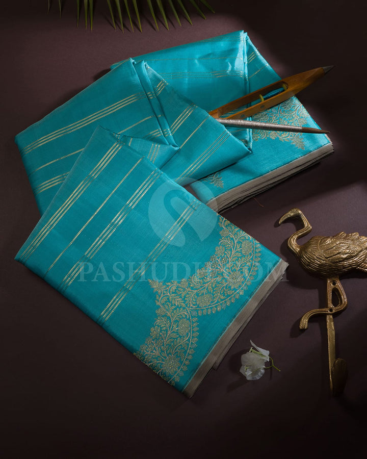Turquoise Blue With Grey Kanjivaram Silk Saree-S1401(C)