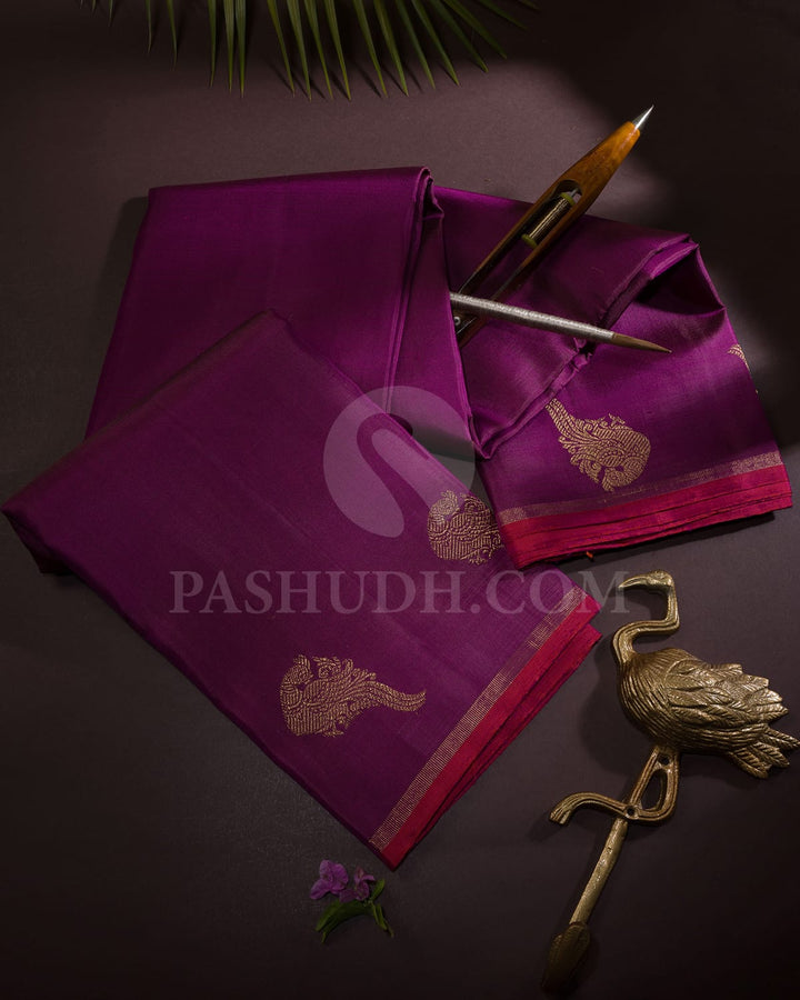 Purple With Rust Orange And Pink Kanjivarm Silk Saree-SP389