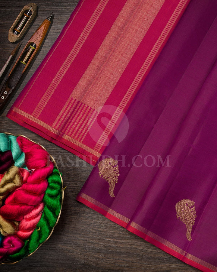 Purple With Rust Orange And Pink Kanjivarm Silk Saree-SP389