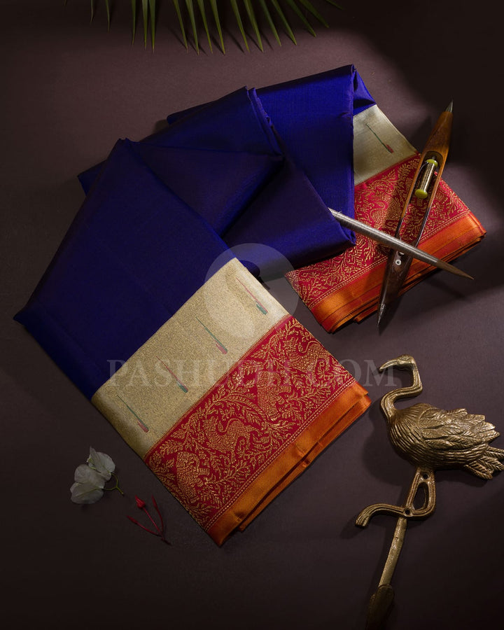 Royal Blue And Red Kanjivaram Silk Saree-S1546(D)