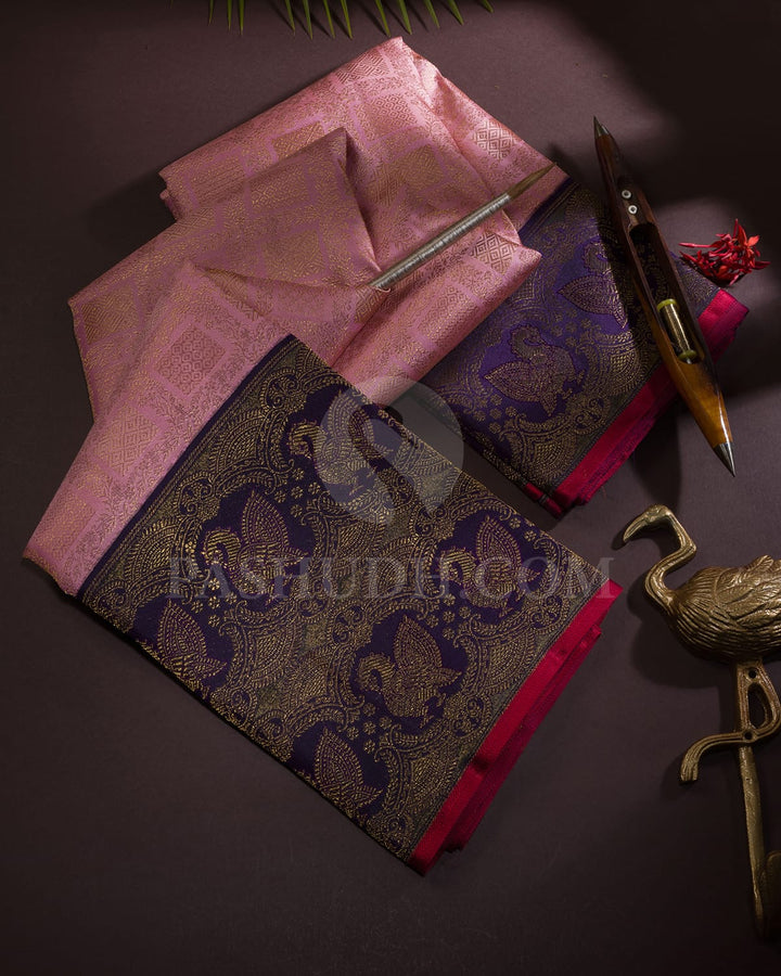 Baby Pink With Navy Blue Kanjivaram Silk Saree-S1655(B)