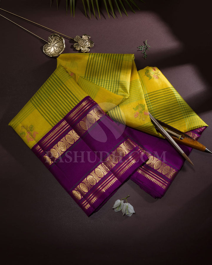 Yellow,Purple With Green Kora Organza Kanjivaram Silk Saree-S1532(B)