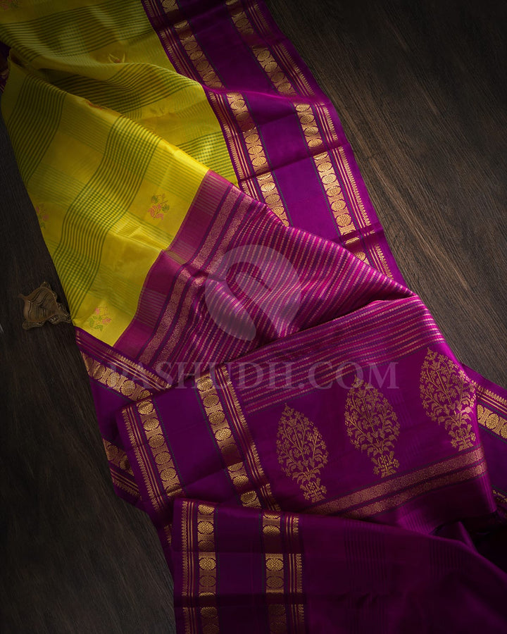 Yellow,Purple With Green Kora Organza Kanjivaram Silk Saree-S1532(B)