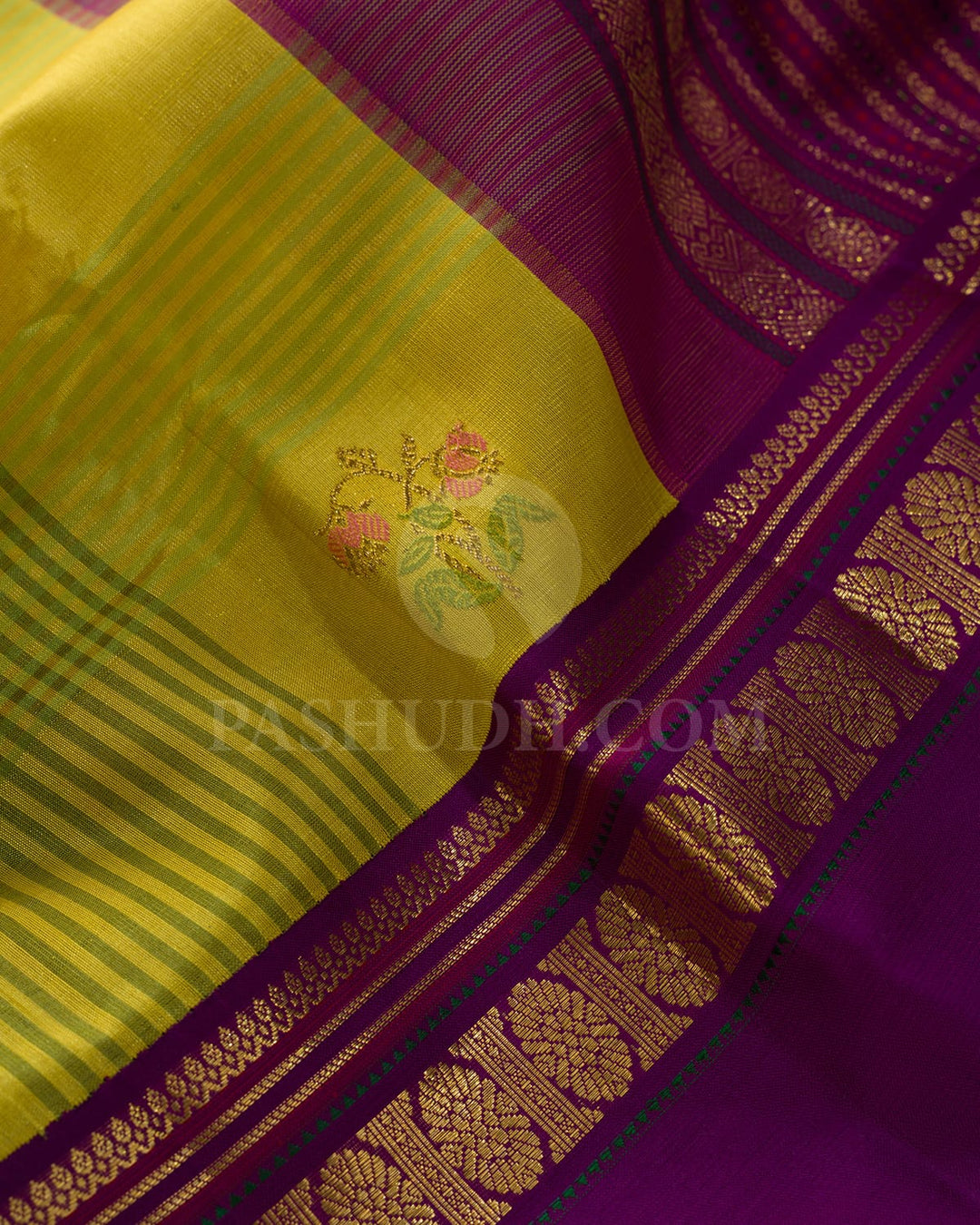 Yellow,Purple With Green Kora Organza Kanjivaram Silk Saree-S1532(B)