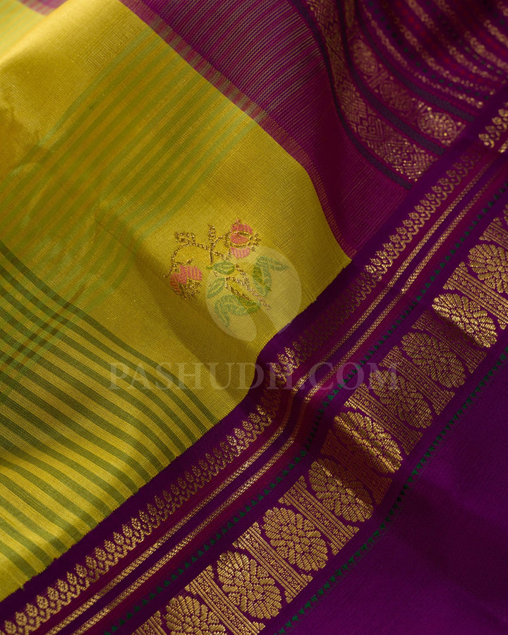 Yellow,Purple With Green Kora Organza Kanjivaram Silk Saree-S1532(B)