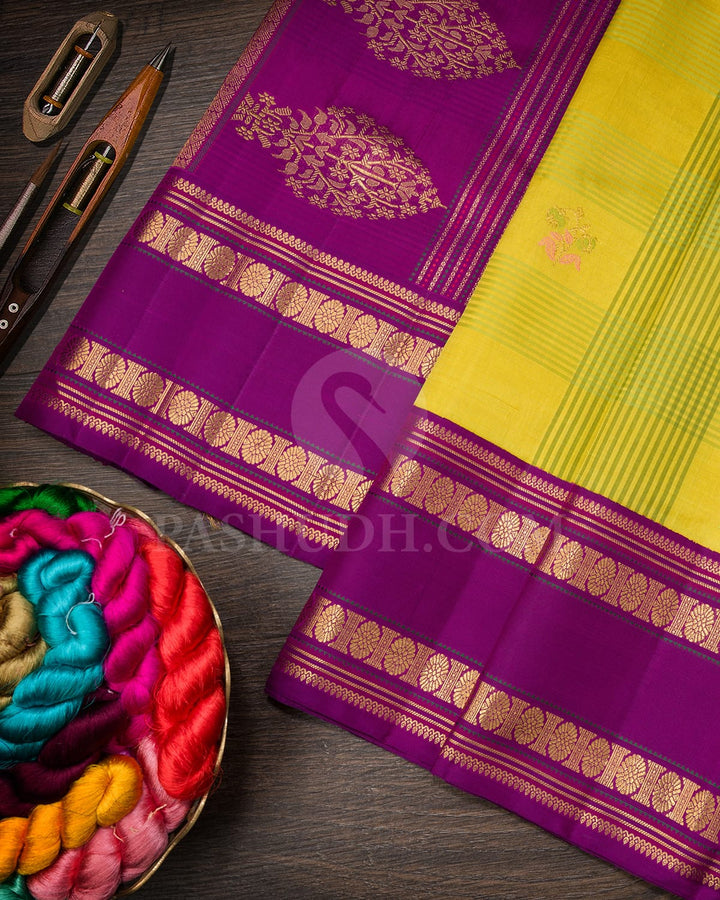 Yellow,Purple With Green Kora Organza Kanjivaram Silk Saree-S1532(B)