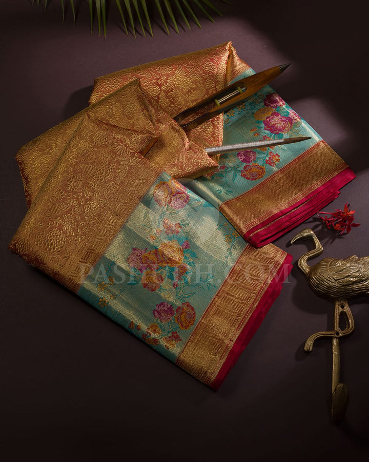 Gold And Red With Sky Blue Pure Zari Kanjivaram Silk Saree-P213(A)