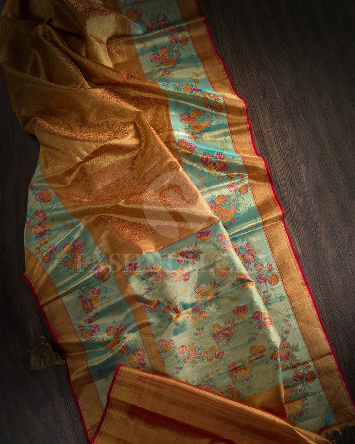 Gold And Red With Sky Blue Pure Zari Kanjivaram Silk Saree-P213(A)