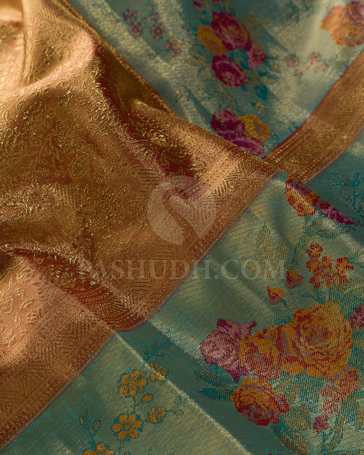 Gold And Red With Sky Blue Pure Zari Kanjivaram Silk Saree-P213(A)