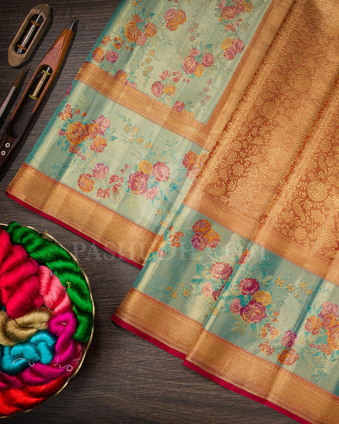 Gold And Red With Sky Blue Pure Zari Kanjivaram Silk Saree-P213(A)