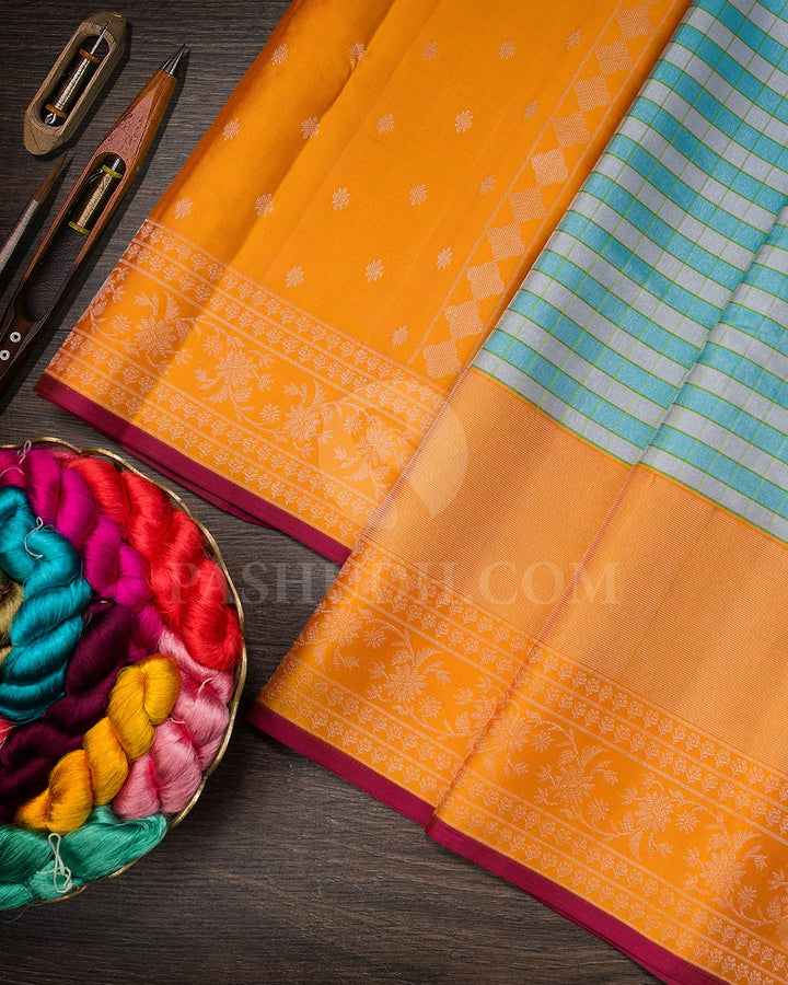Sky Blue And Silver Grey With Orange Kanjivaram Silk Saree-DJ413(C)