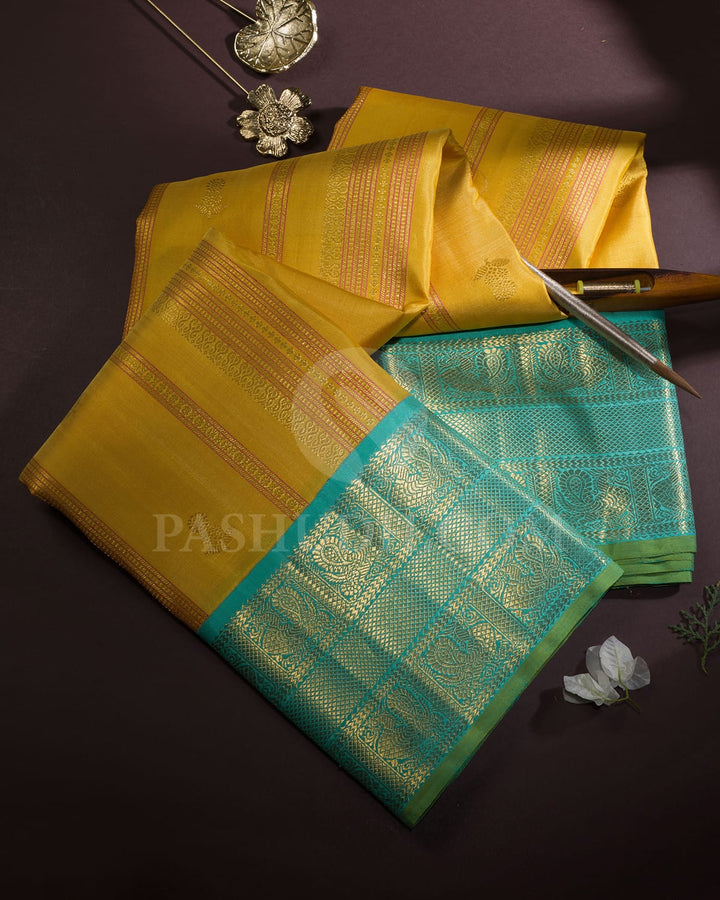 Turmeric Yellow And Sky Blue Kanjivaram Silk Saree-S1333(F)