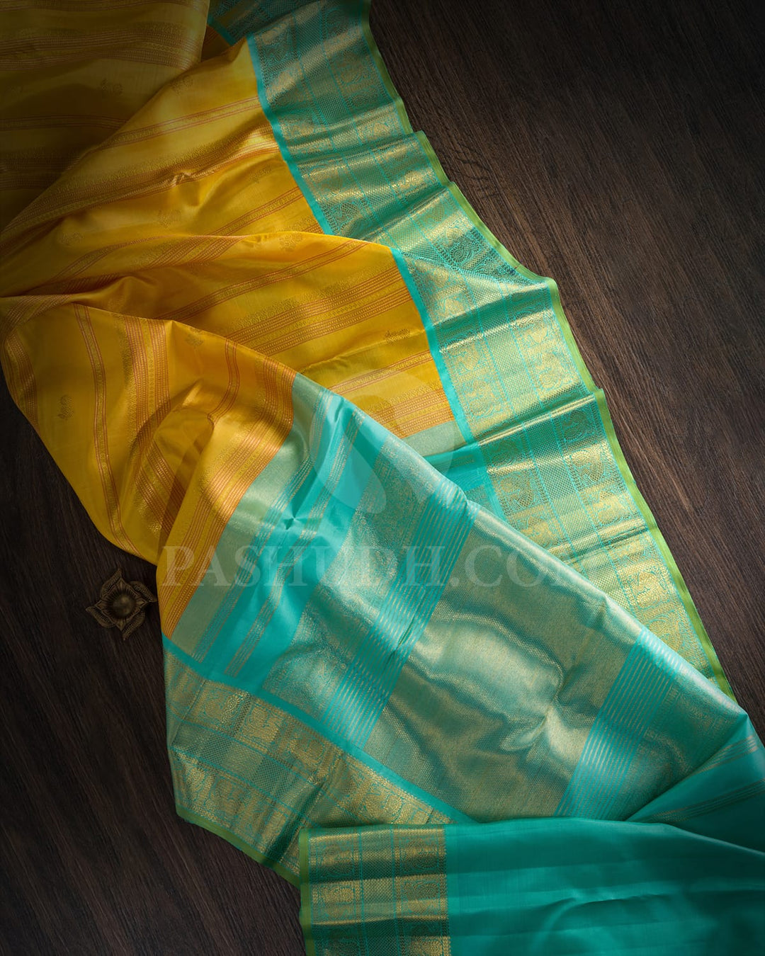 Turmeric Yellow And Sky Blue Kanjivaram Silk Saree-S1333(F)