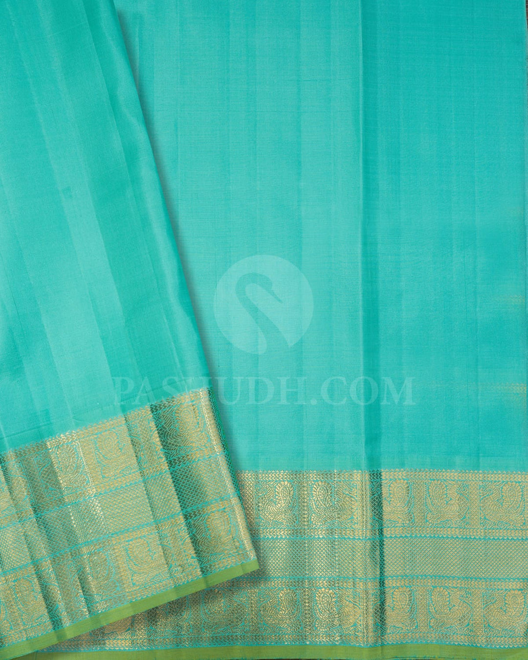 Turmeric Yellow And Sky Blue Kanjivaram Silk Saree-S1333(F)