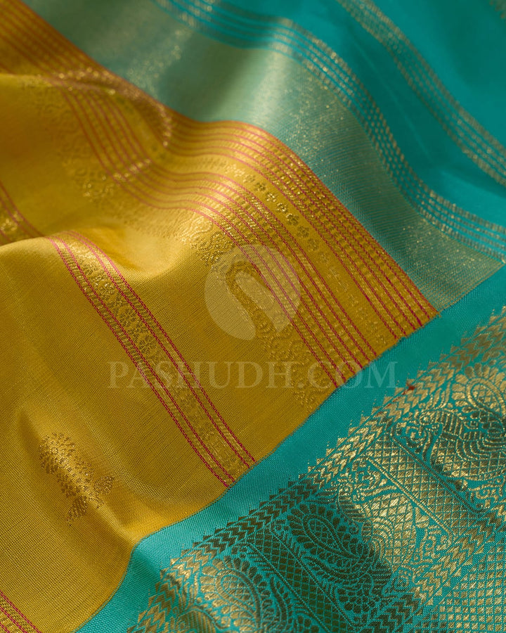Turmeric Yellow And Sky Blue Kanjivaram Silk Saree-S1333(F)