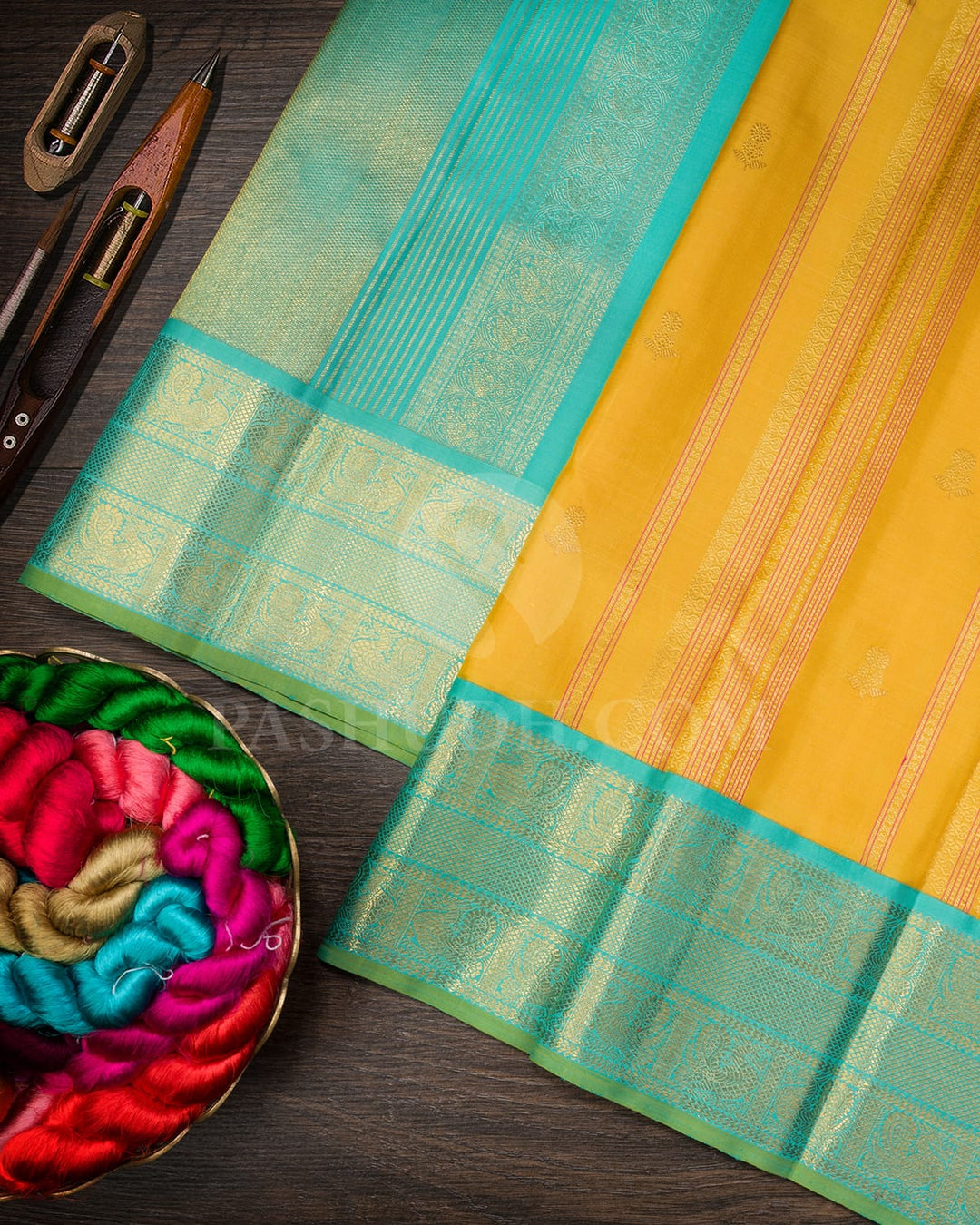 Turmeric Yellow And Sky Blue Kanjivaram Silk Saree-S1333(F)