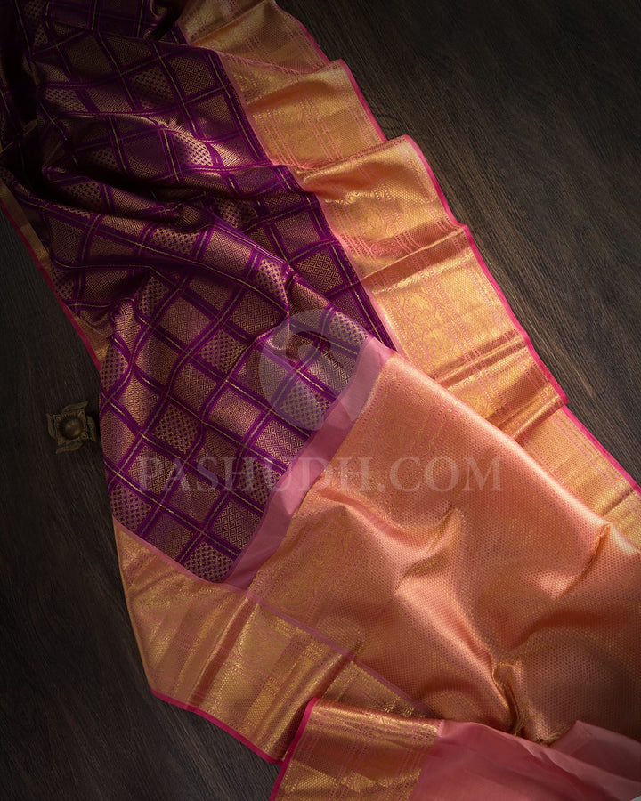 Purple With Peachy Pink Kanjivaram Silk Saree-S1670(A)