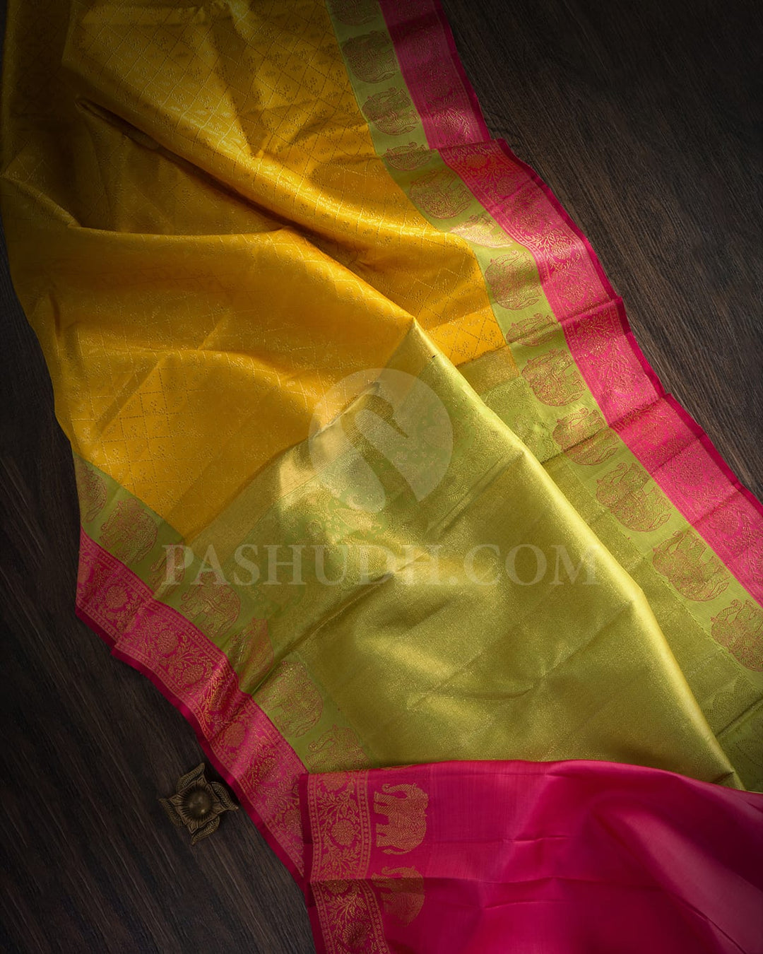 Mustard Yellow And Dual Shaded Pear Green With Fuchsia Pink Kanjivaram Silk Saree-S1597(B)