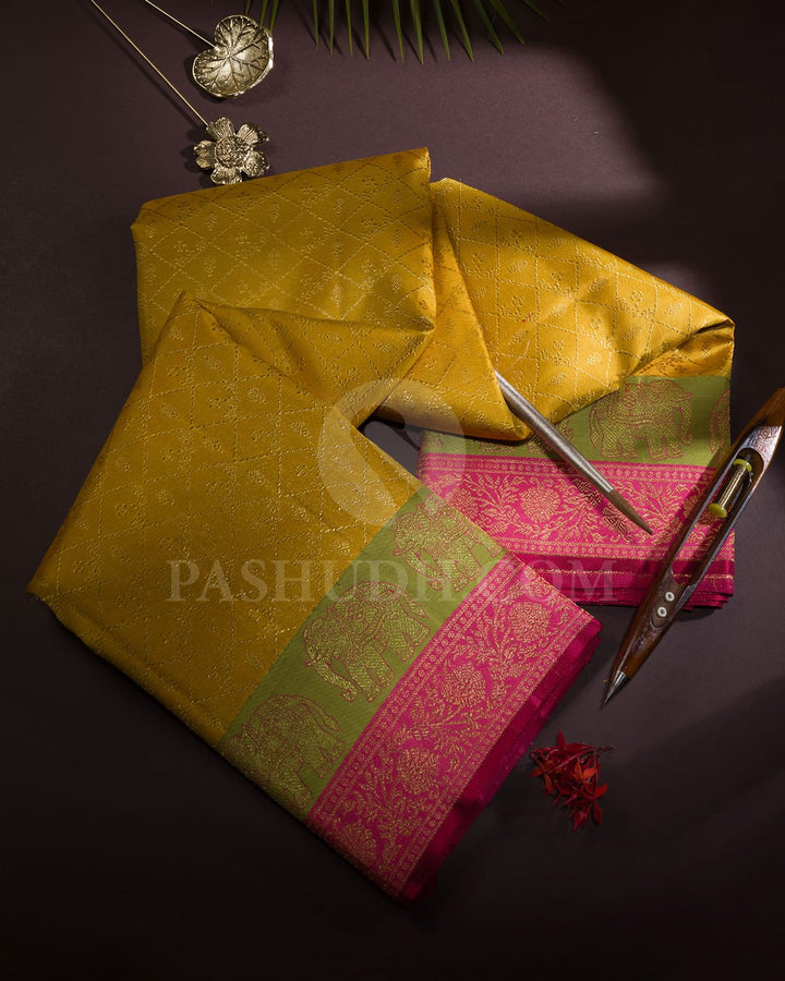 Mustard Yellow And Dual Shaded Pear Green With Fuchsia Pink Kanjivaram Silk Saree-S1597(B)