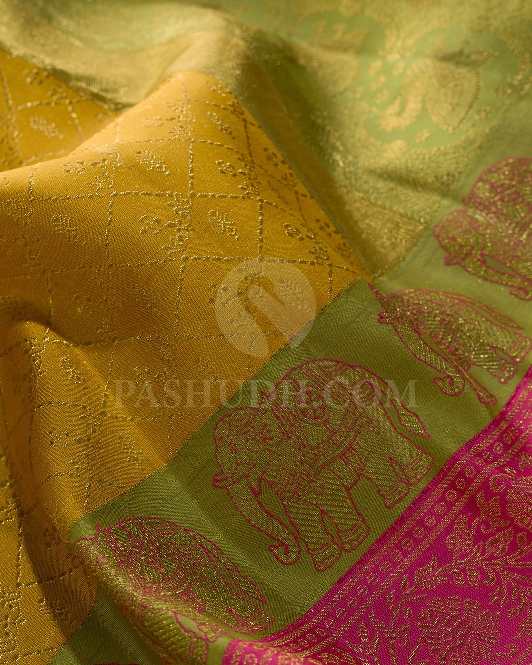 Mustard Yellow And Dual Shaded Pear Green With Fuchsia Pink Kanjivaram Silk Saree-S1597(B)