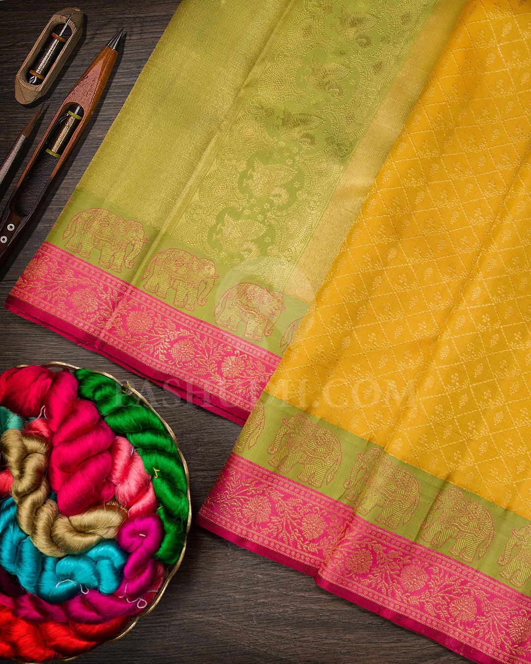 Mustard Yellow And Dual Shaded Pear Green With Fuchsia Pink Kanjivaram Silk Saree-S1597(B)