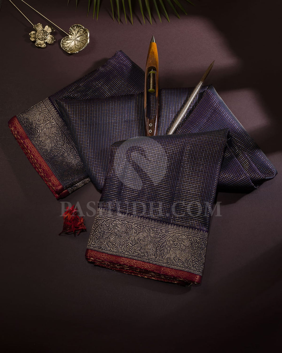 Deep Navy Blue With Red Kanjivaram Silk Saree-S1465(B)