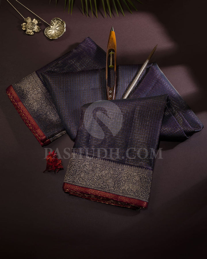 Deep Navy Blue With Red Kanjivaram Silk Saree-S1465(B)