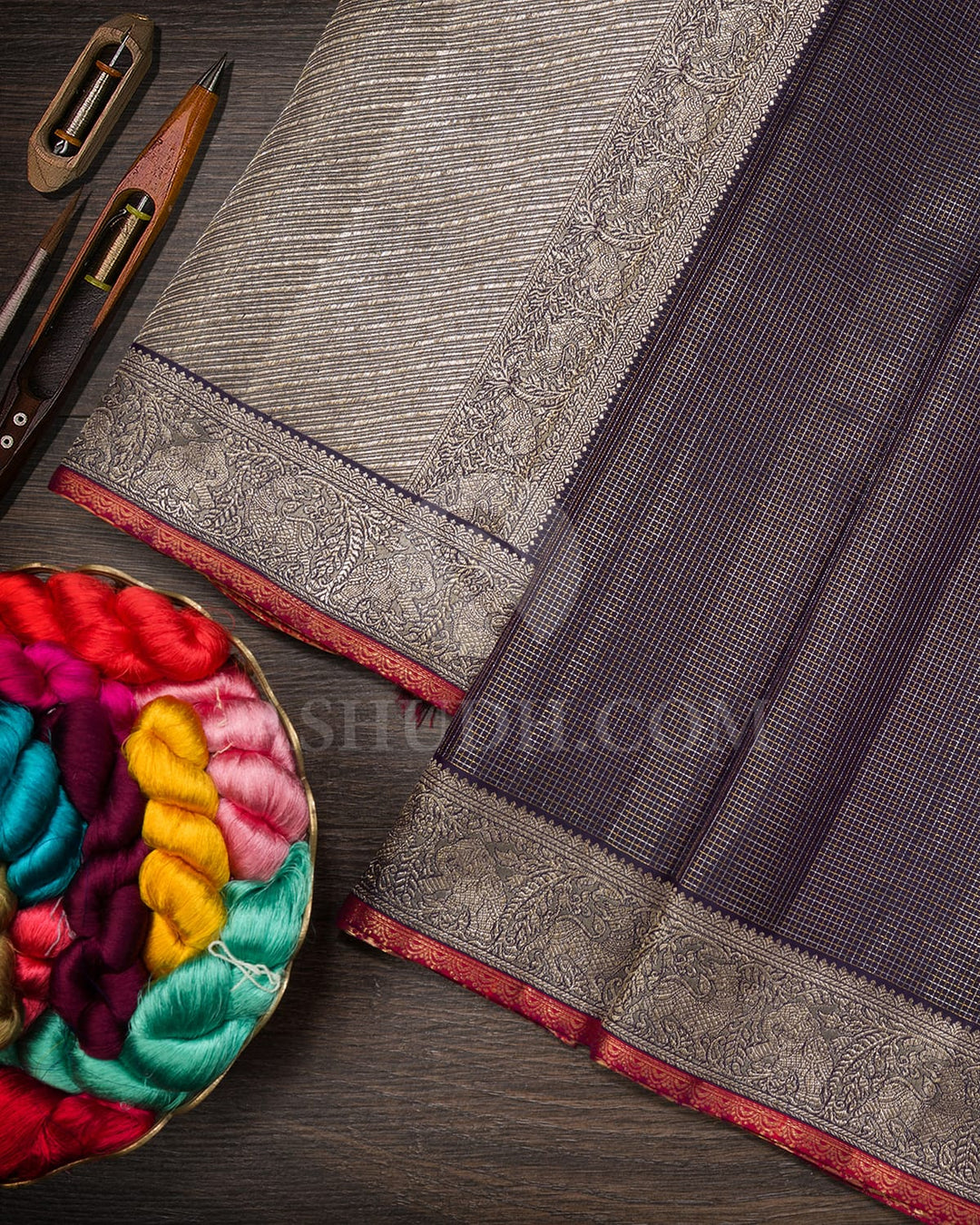 Deep Navy Blue With Red Kanjivaram Silk Saree-S1465(B)