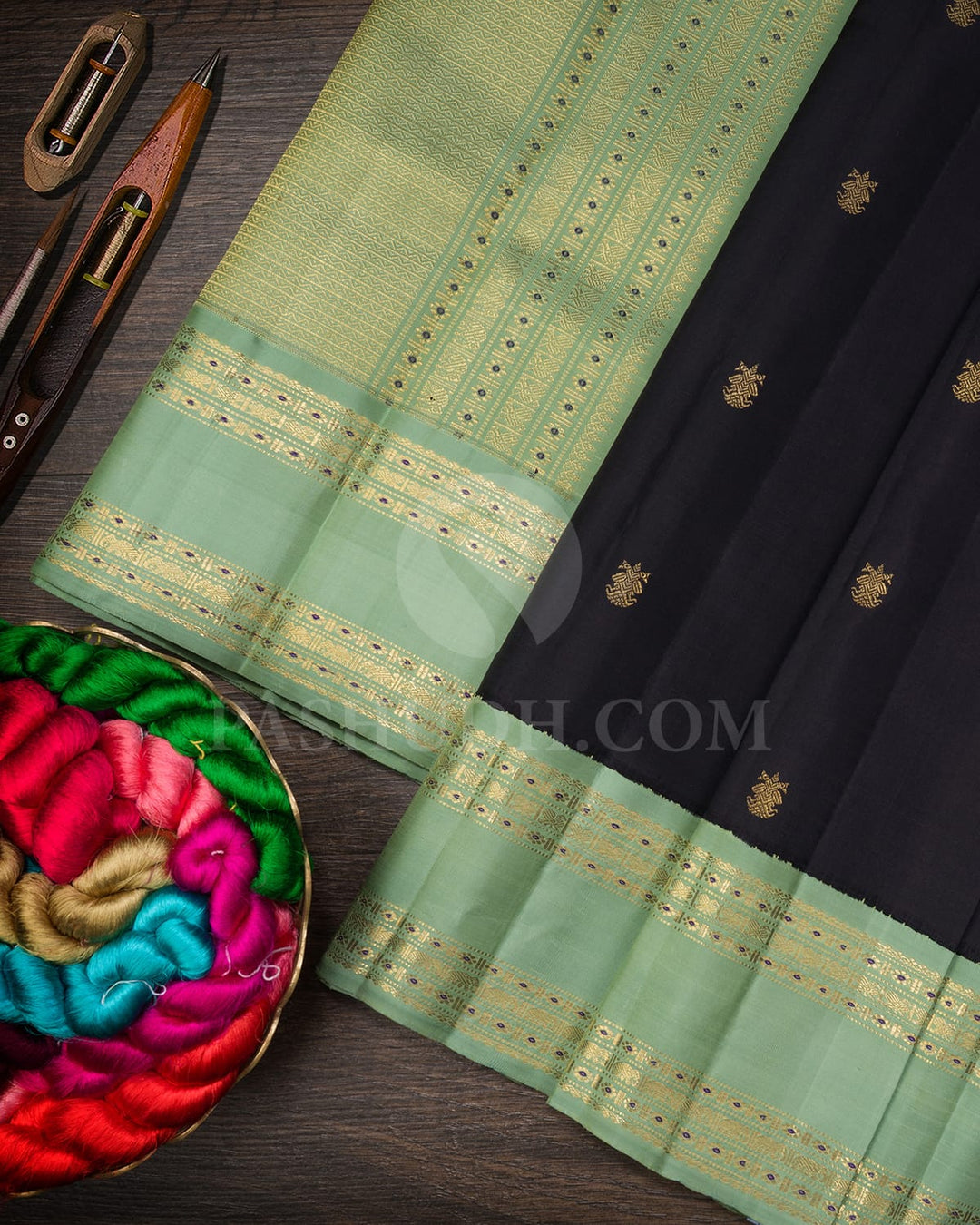 Black With Mild Teal Kanjivaram Silk Saree-SP387