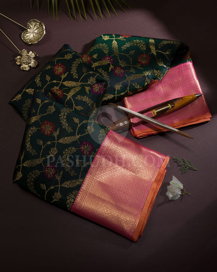 Bottle Green With Baby Pink Kanjivaram Silk Saree-S1244(E)