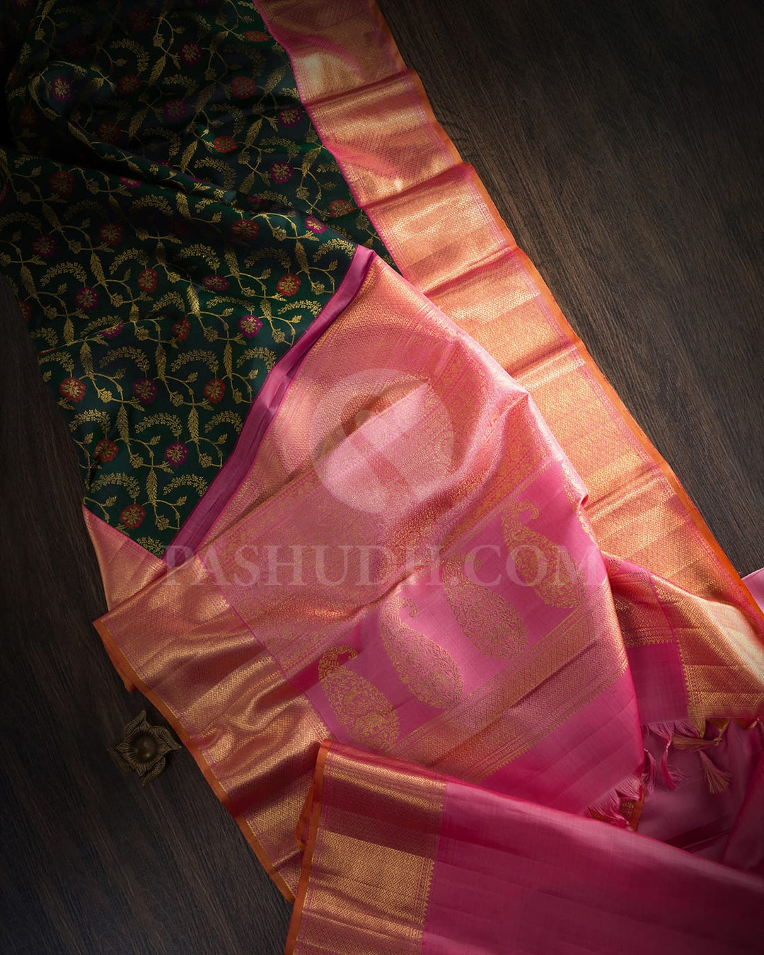 Bottle Green With Baby Pink Kanjivaram Silk Saree-S1244(E)
