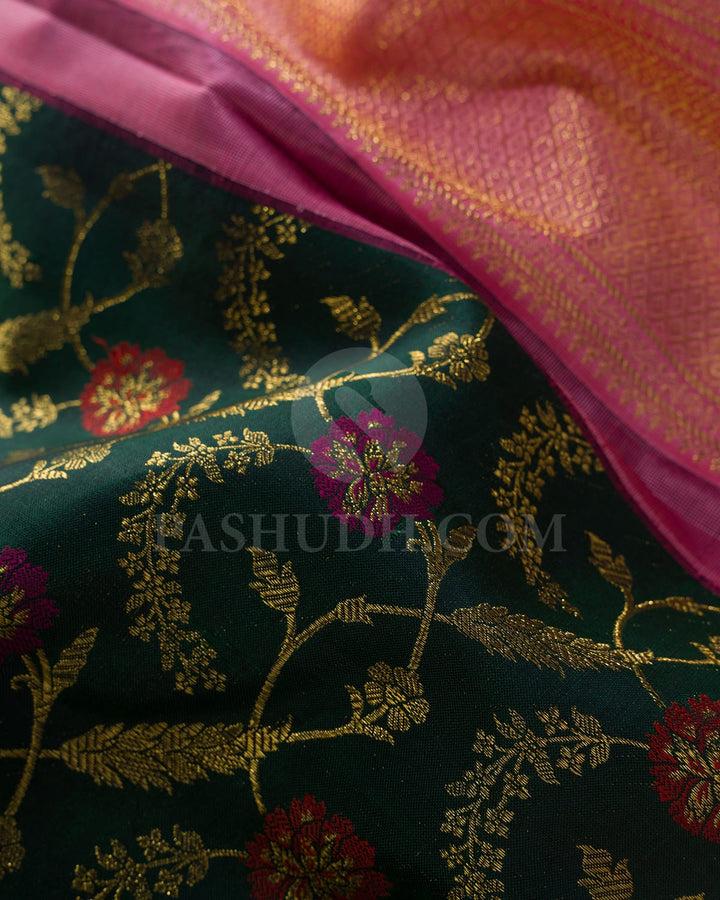 Bottle Green With Baby Pink Kanjivaram Silk Saree-S1244(E)
