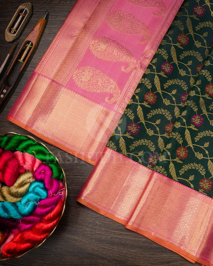 Bottle Green With Baby Pink Kanjivaram Silk Saree-S1244(E)