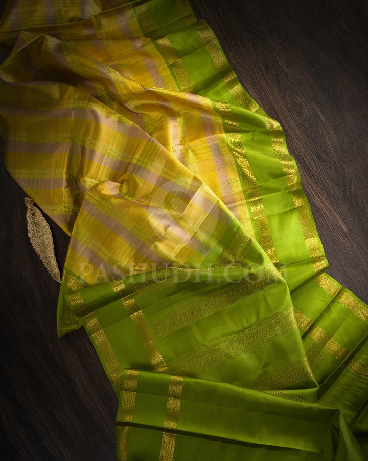 Pastel Shades With Parrot Green Kanjivaram Silk Saree-DJ382(E)