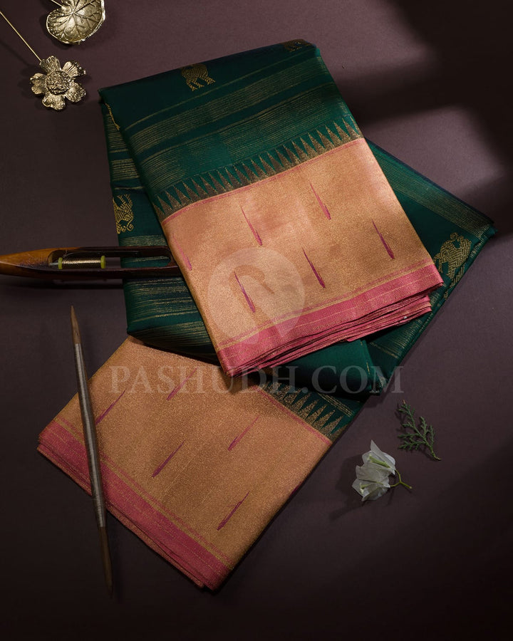 Bottle Green With Baby Pink Kanjivaram Silk Saree-S1663(A)