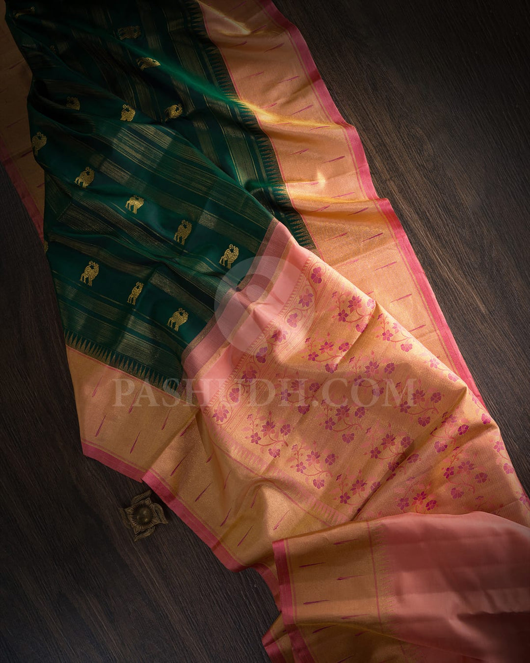 Bottle Green With Baby Pink Kanjivaram Silk Saree-S1663(A)