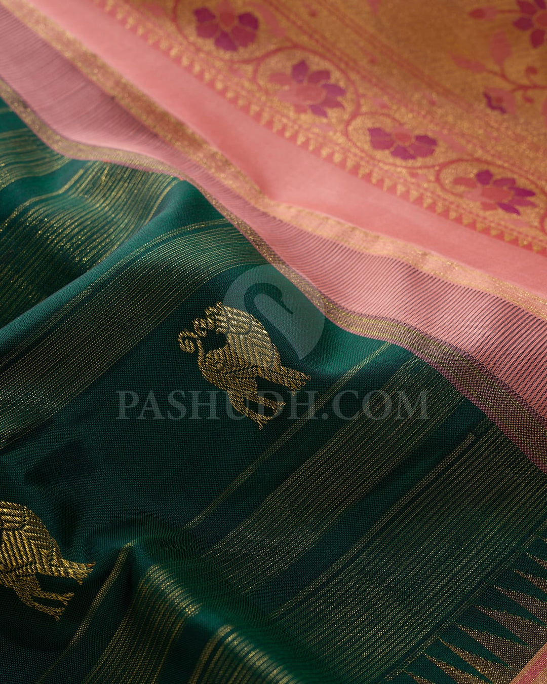 Bottle Green With Baby Pink Kanjivaram Silk Saree-S1663(A)