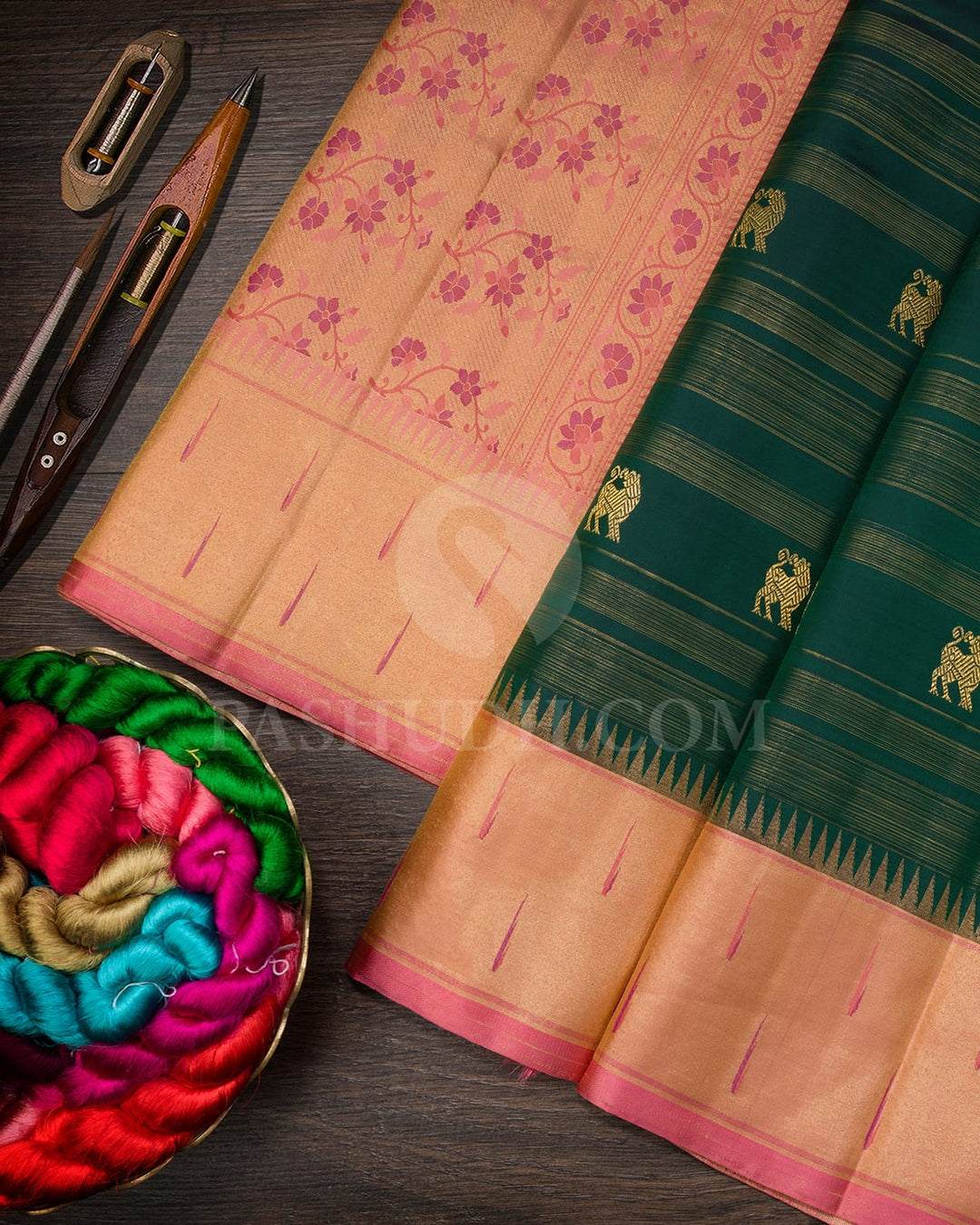Bottle Green With Baby Pink Kanjivaram Silk Saree-S1663(A)