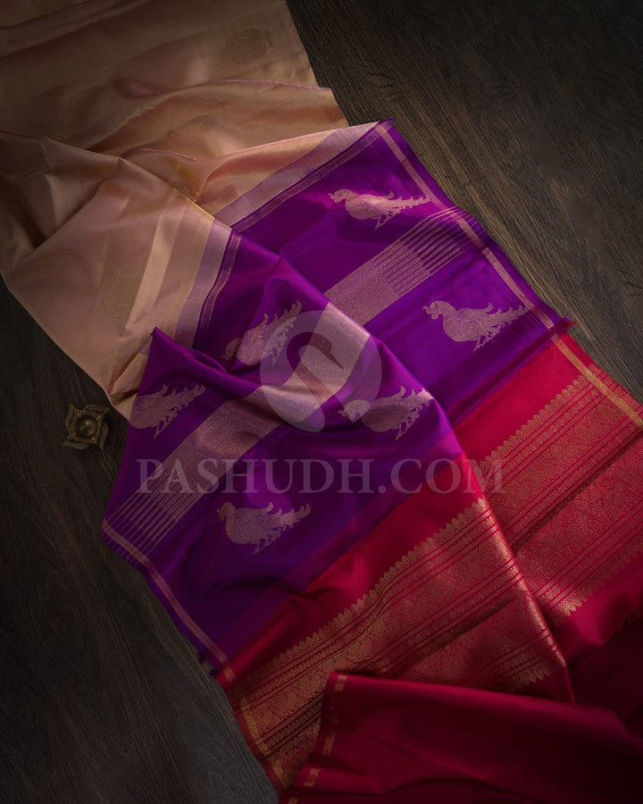Peach Beige And Maroon Kanjivaram Silk Saree-SP390