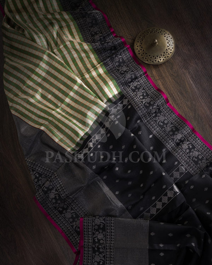 Half White,Green With Black Kanjivaram Silk Saree-DJ413(B)