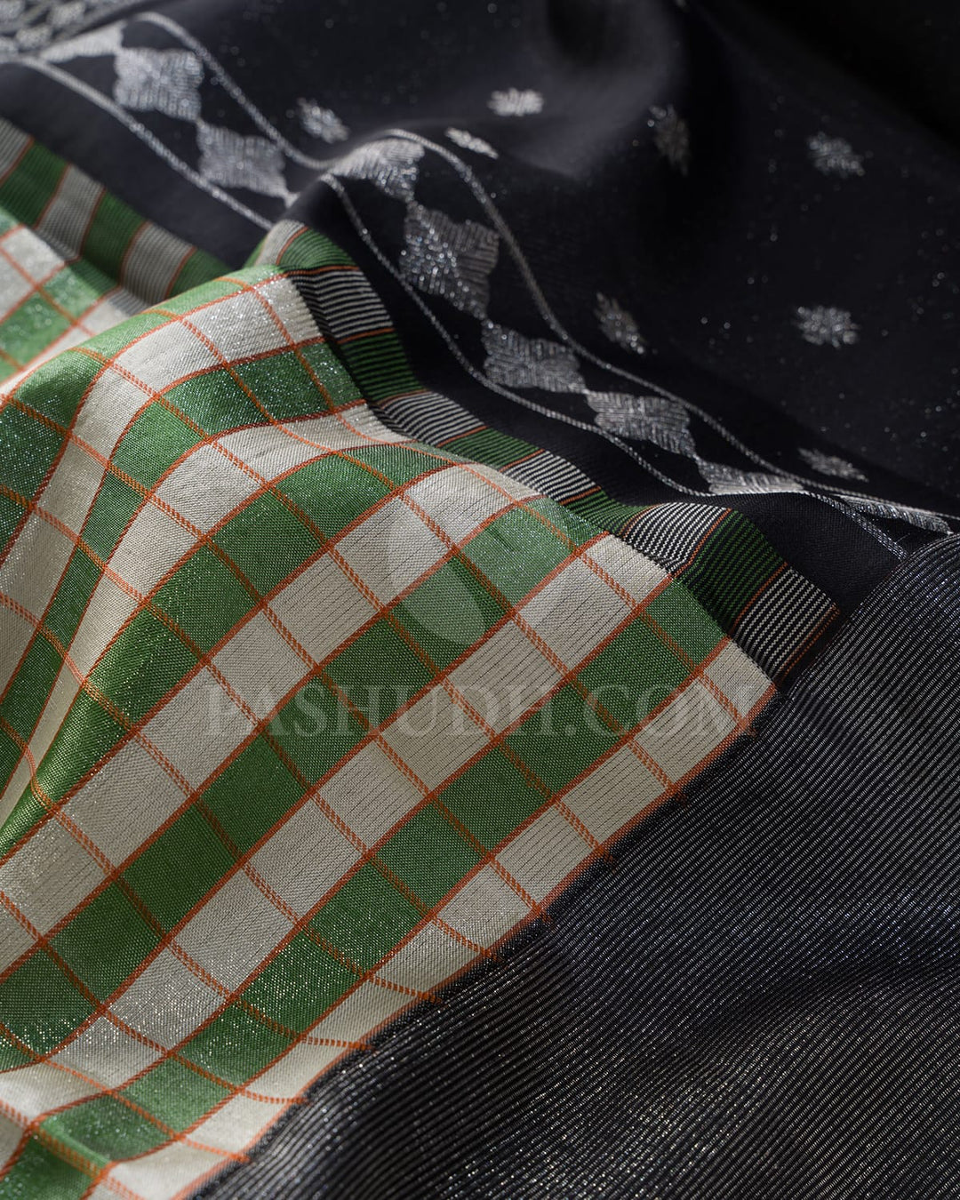 Half White,Green With Black Kanjivaram Silk Saree-DJ413(B)