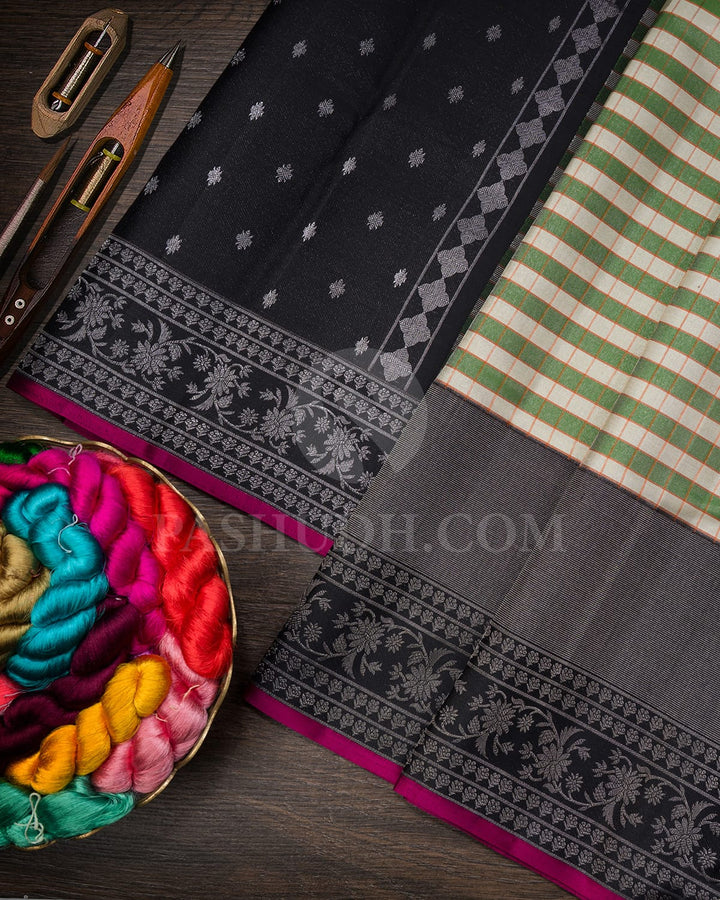 Half White,Green With Black Kanjivaram Silk Saree-DJ413(B)