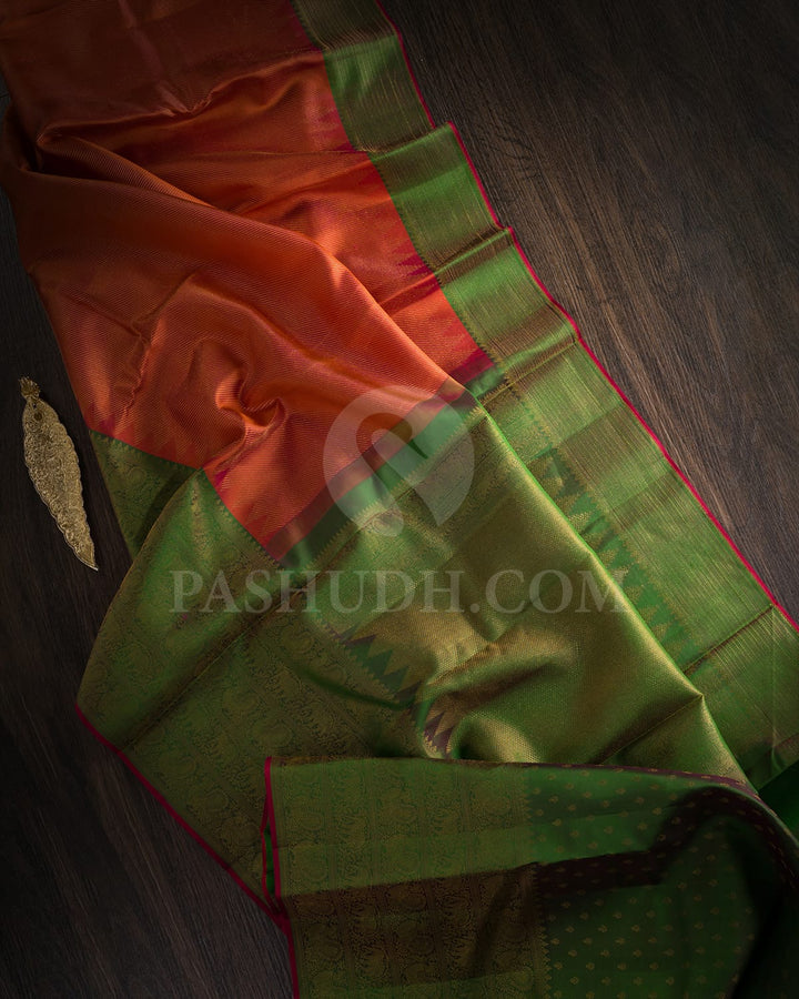 Dark Orange With Parrot Green Kanjivaram Silk Saree-DJ434(A)