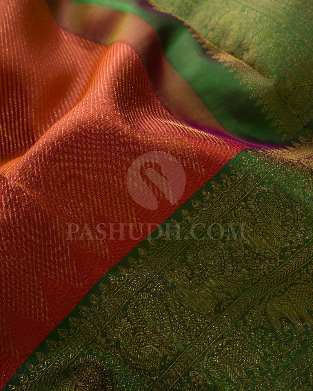 Dark Orange With Parrot Green Kanjivaram Silk Saree-DJ434(A)