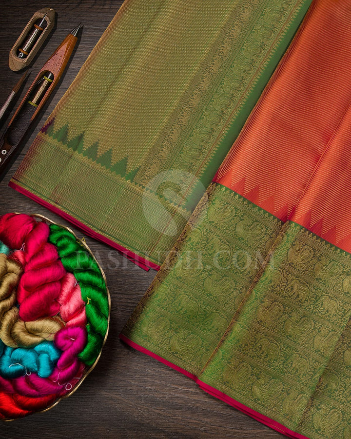 Dark Orange With Parrot Green Kanjivaram Silk Saree-DJ434(A)