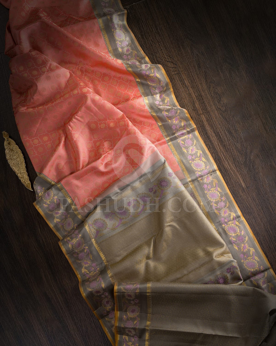 Peach, Ash Grey Kanjivaram Silk Saree-DJ427(B)