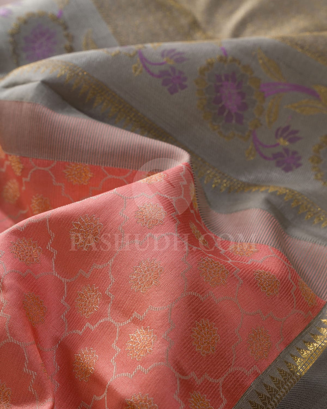 Peach, Ash Grey Kanjivaram Silk Saree-DJ427(B)
