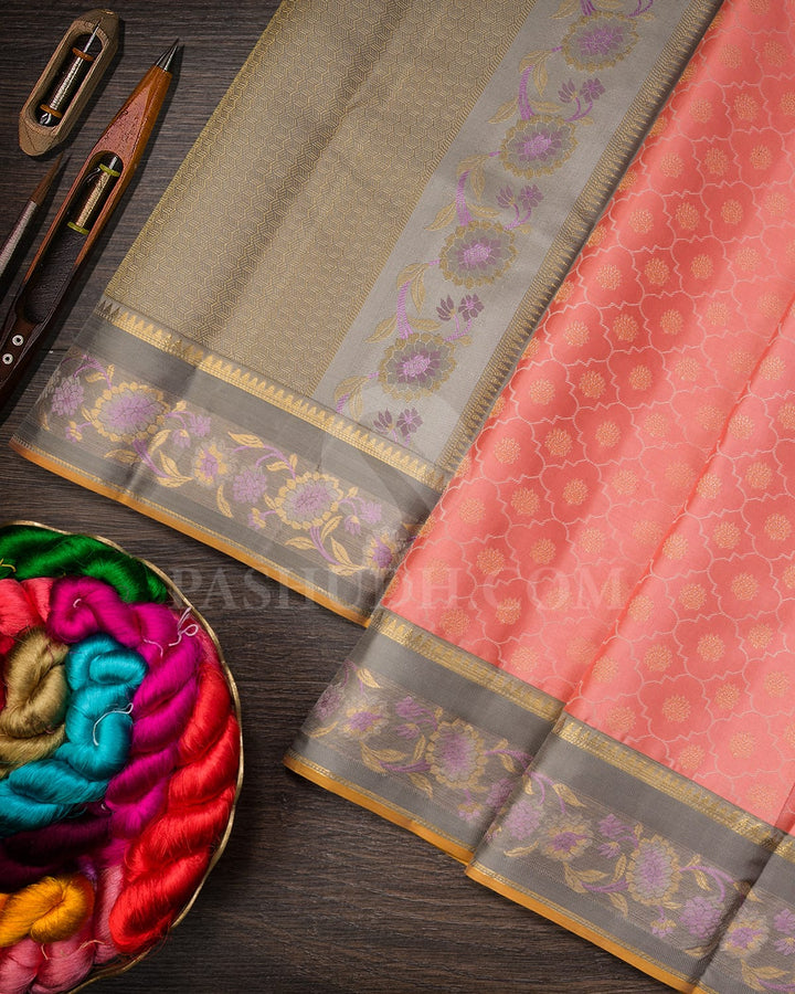 Peach, Ash Grey Kanjivaram Silk Saree-DJ427(B)